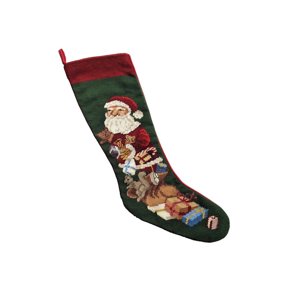Vintage Needlepoint Christmas Stocking Santa Toys Wool Front Red Flannel‎ Back